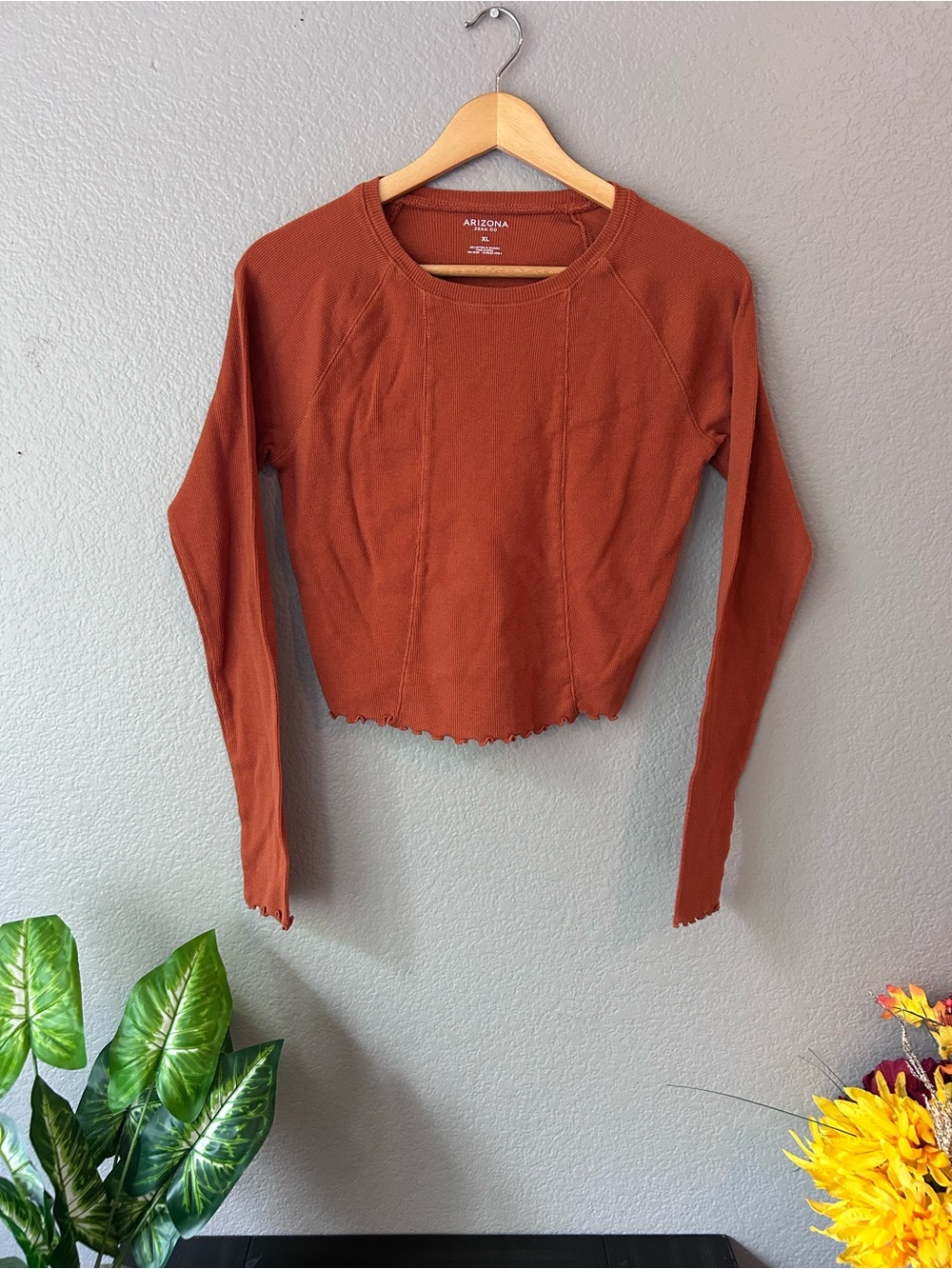Arizona Jean Company Burnt Orange Long Sleeve Lettuce-Edge Crop Top